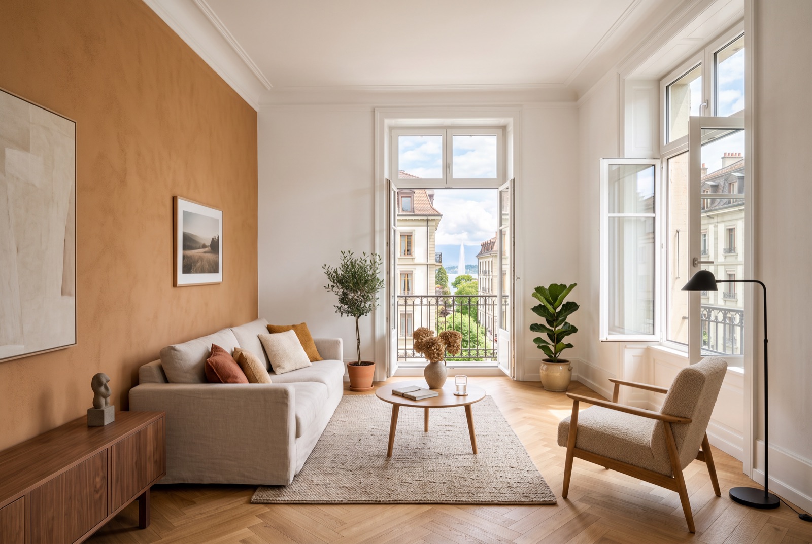 S&eacute;jour r&eacute;nov&eacute; aux murs lisses, avec un mur d'accent ocre (photo d'illustration)