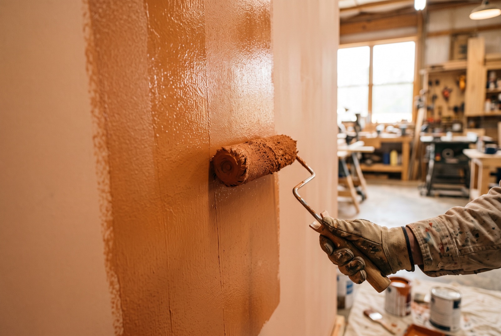 Application de peinture ocre au rouleau, vue rapproch&eacute;e (photo d'illustration)
