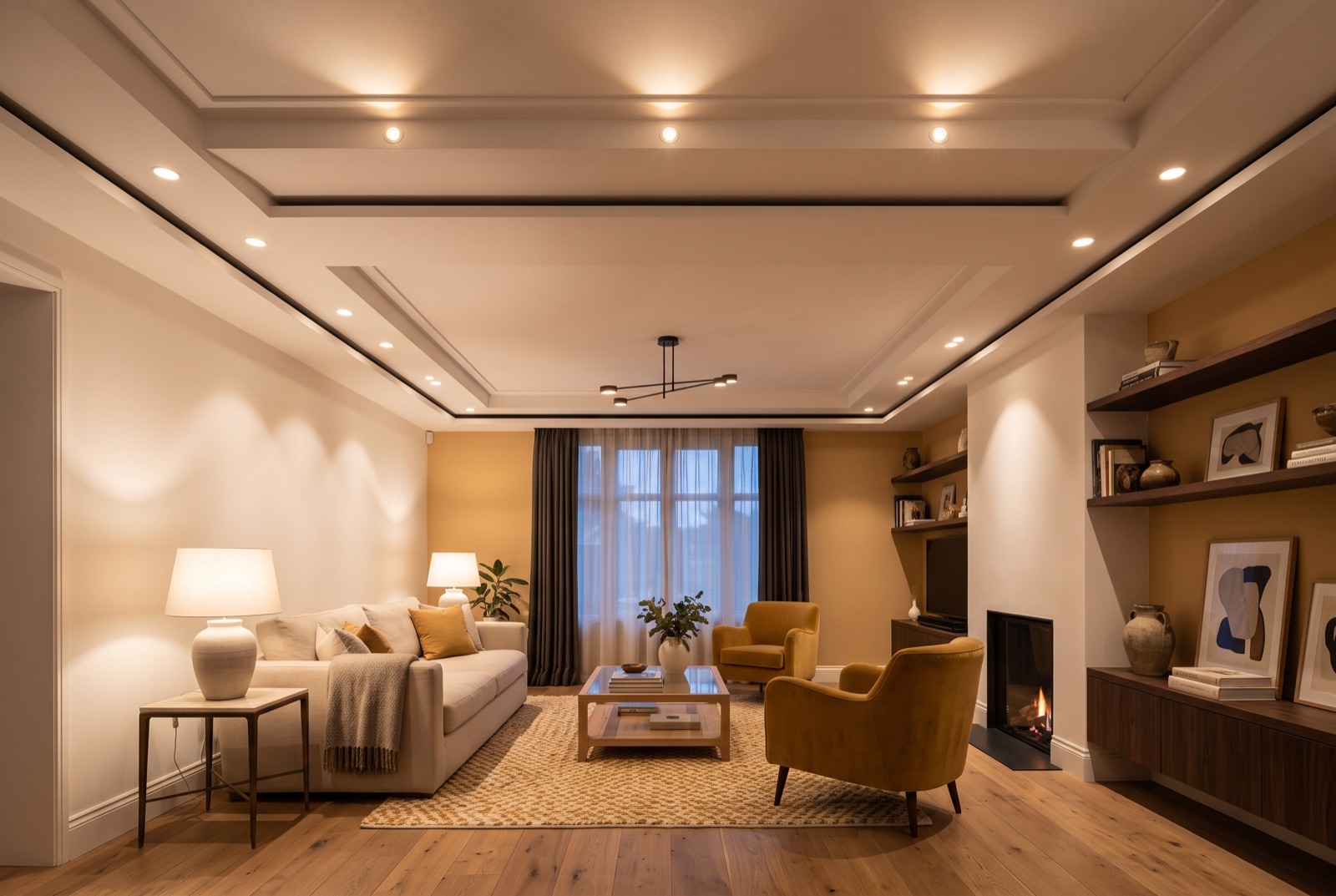Plafond suspendu &agrave; caissons avec &eacute;clairage encastr&eacute; (photo d'illustration)